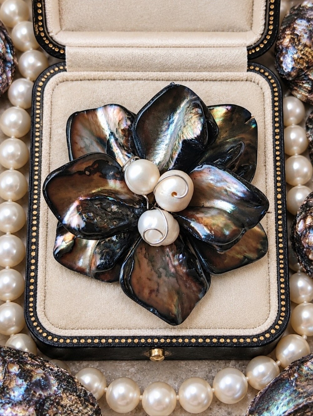 Fresh Water Pearls Brooch with Brownish Iridescent Shells or Stone Wire Wrapped
